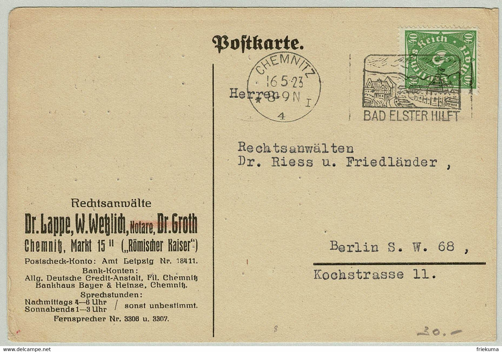 Deutsches Reich 1923, Postkarte Chemnitz - Berlin, Bad Elster Hilft, Inflation - Bäderwesen