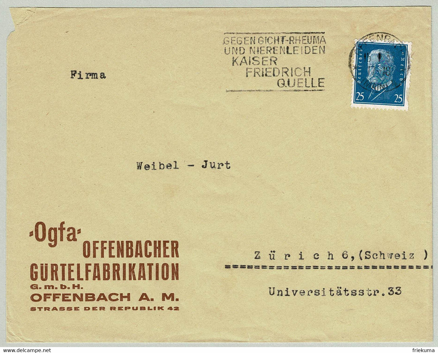 Deutsches Reich, Brief Offenbach - Zürich (Schweiz), Kaiser Friedrich Quelle, Gicht, Rheuma, Hindenburg - Bäderwesen