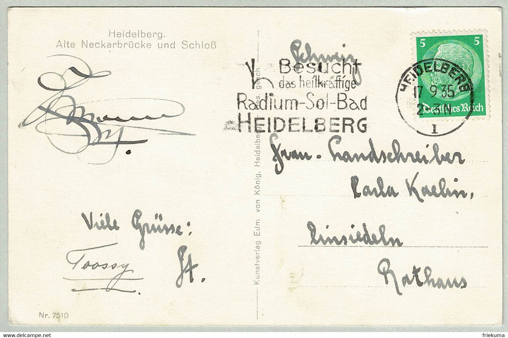 Deutsches Reich 1935, Ansichtskarte Heidelberg - Einsiedeln (Schweiz), Radium, Sol-Bad, Hindenburg - Bäderwesen