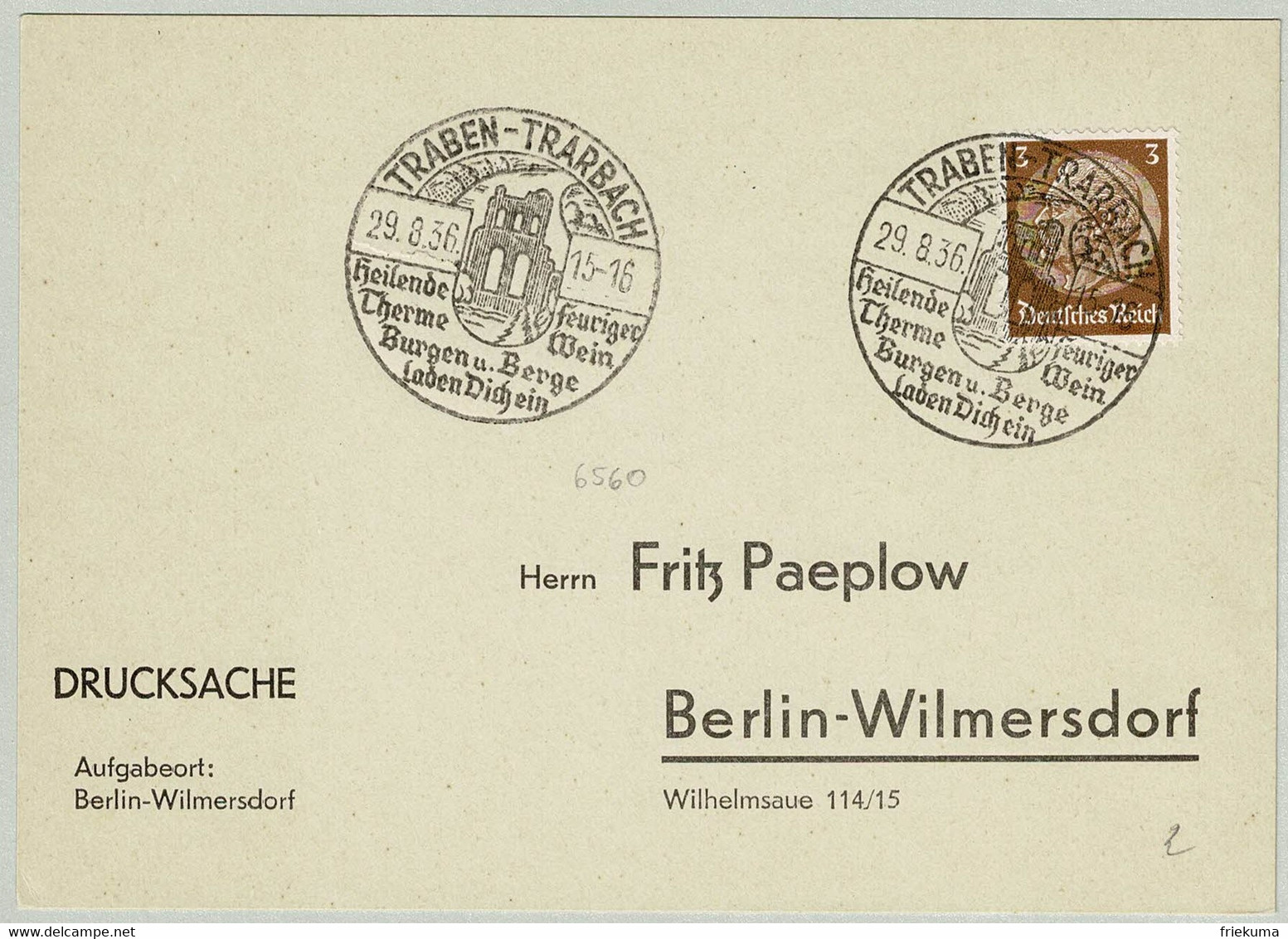 Deutsches Reich 1936, Postkarte Traben-Trarbach - Berlin, Therme, Wein/Wine, Burgen/Castles, Berge/Mountains - Bäderwesen