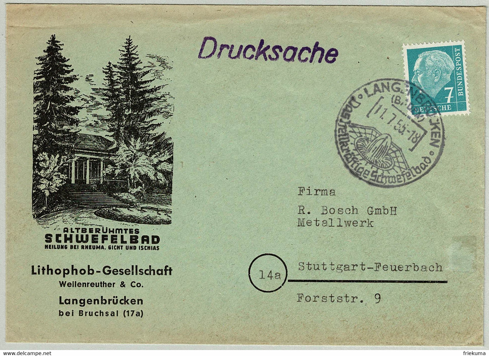 Deutsche Bundespost 1955, Brief Langenbrücken - Stuttgart-Feuerbach, Heuss - Bäderwesen