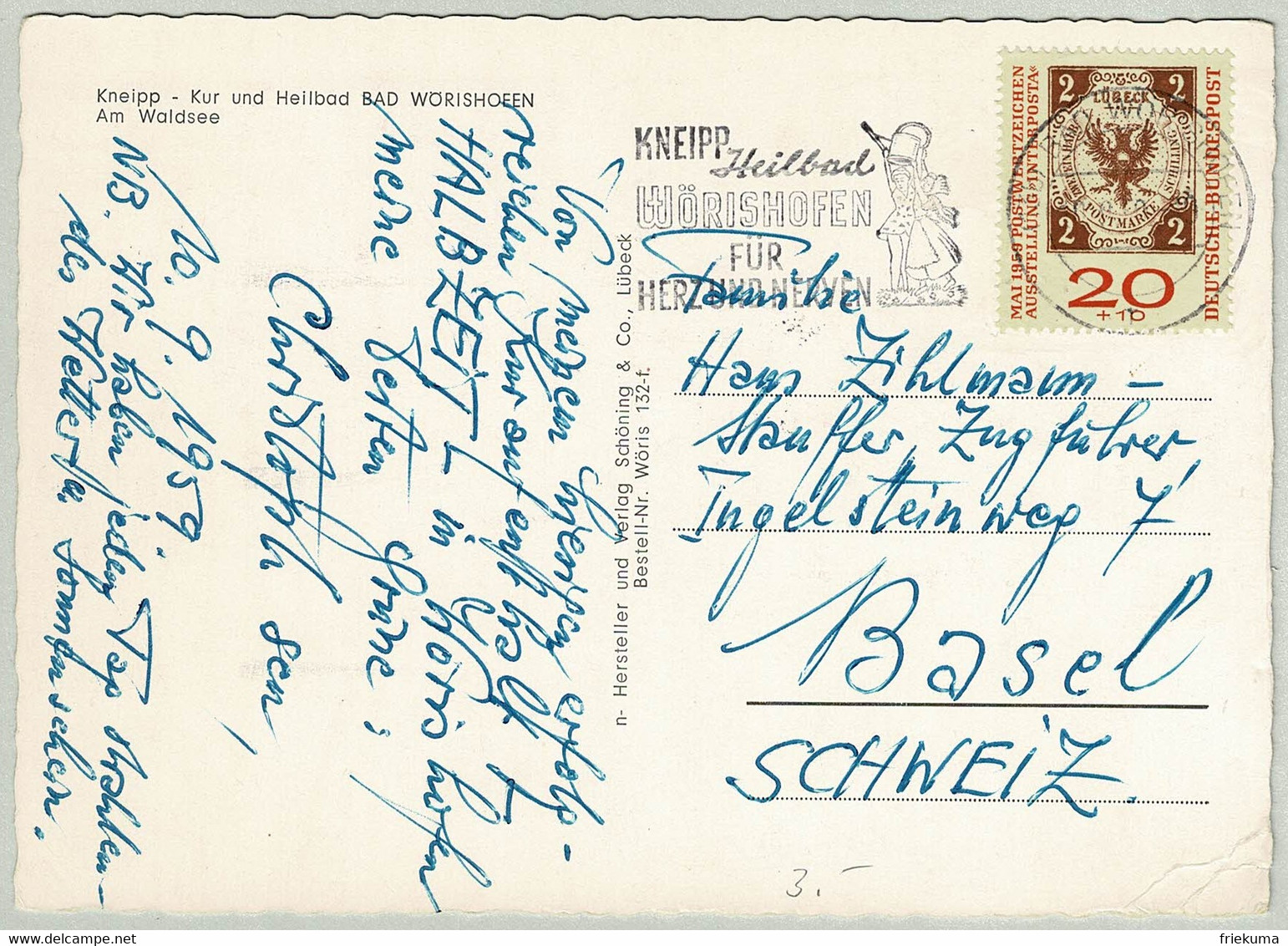 Deutsche Bundespost 1959, Ansichtskarte Bad Wörishofen - Basel (Schweiz), Kneipp, Philatelie - Bäderwesen