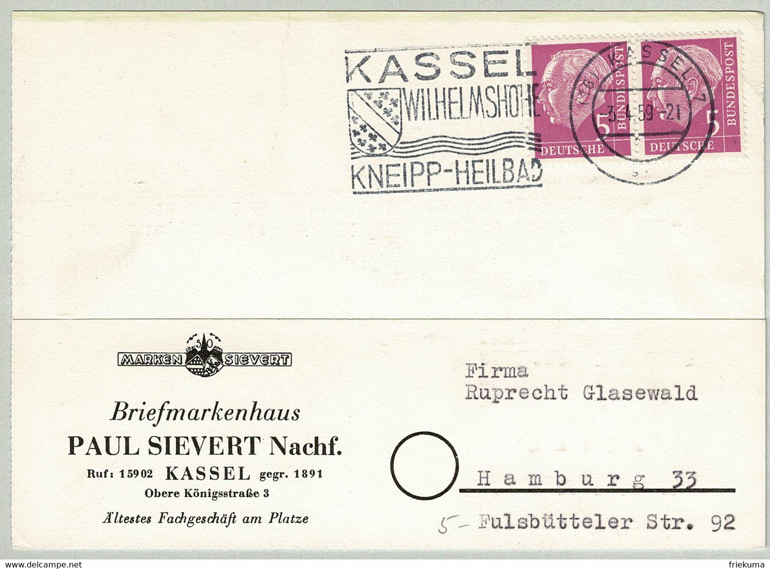 Deutsche Bundespost 1959, Postkarte Kassel Wilhelmshöhe - Hamburg, Kneipp, Heraldik / Héraldique / Heraldry, Heuss - Bäderwesen