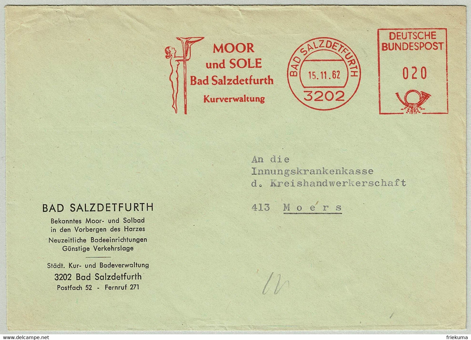 Deutsche Bundespost 1962, Brief EMA Bad Salzdetfurth - Moers - Bäderwesen