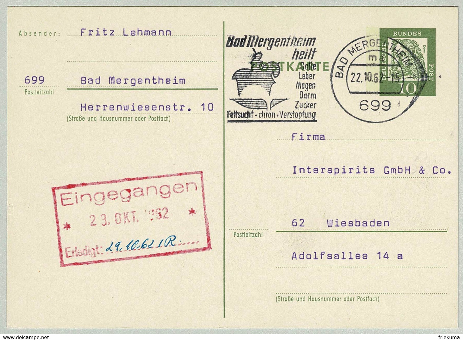 Deutsche Bundespost 1962, Ganzsachenkarte Dürer Bad Mergentheim - Wiesbaden, Galle, Leber, Magen, Darm, Zucker - Bäderwesen