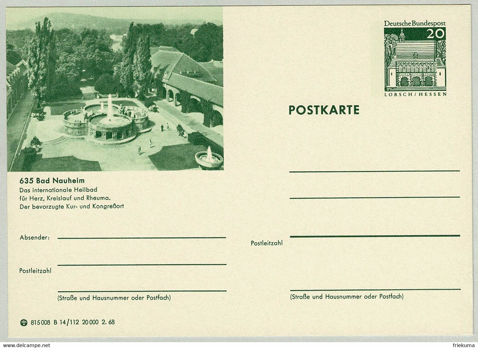 Deutsche Bundespost 1968, Bildpostkarte Bad Nauheim, Badeanlage - Bäderwesen