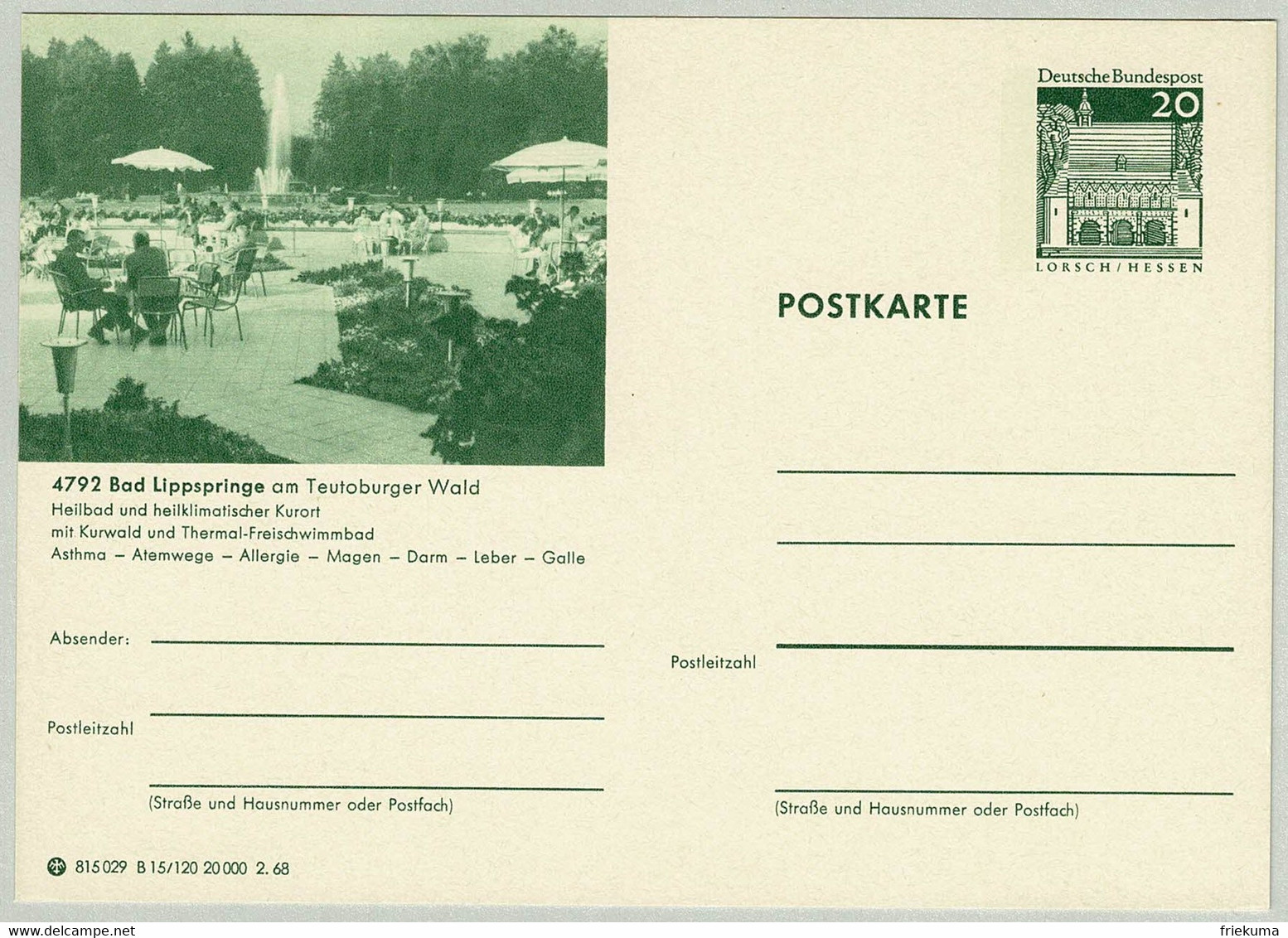 Deutsche Bundespost 1968, Bildpostkarte Bad Lippspringe - Bäderwesen