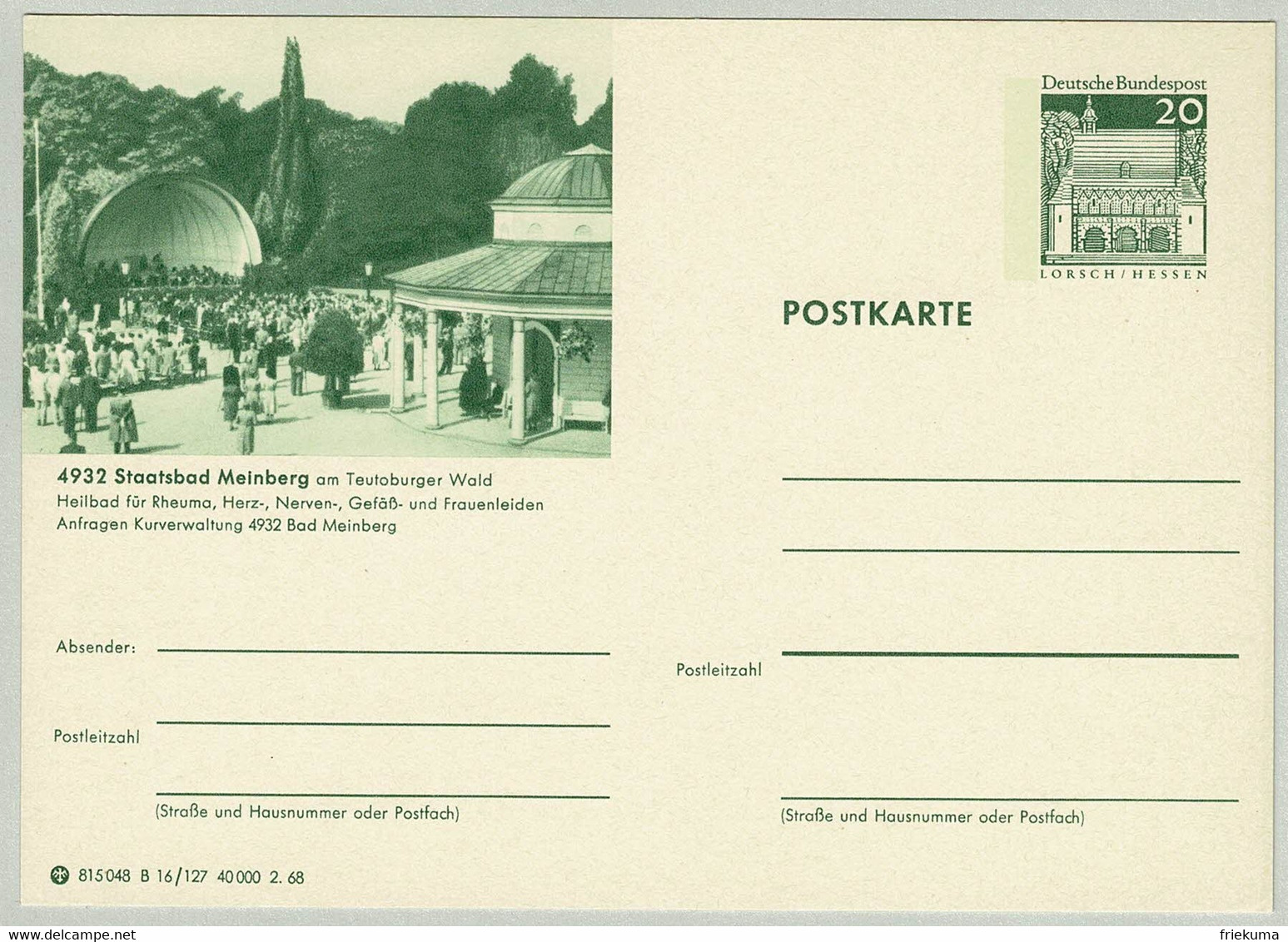 Deutsche Bundespost 1968, Bildpostkarte Staatsbad Meinberg - Bäderwesen