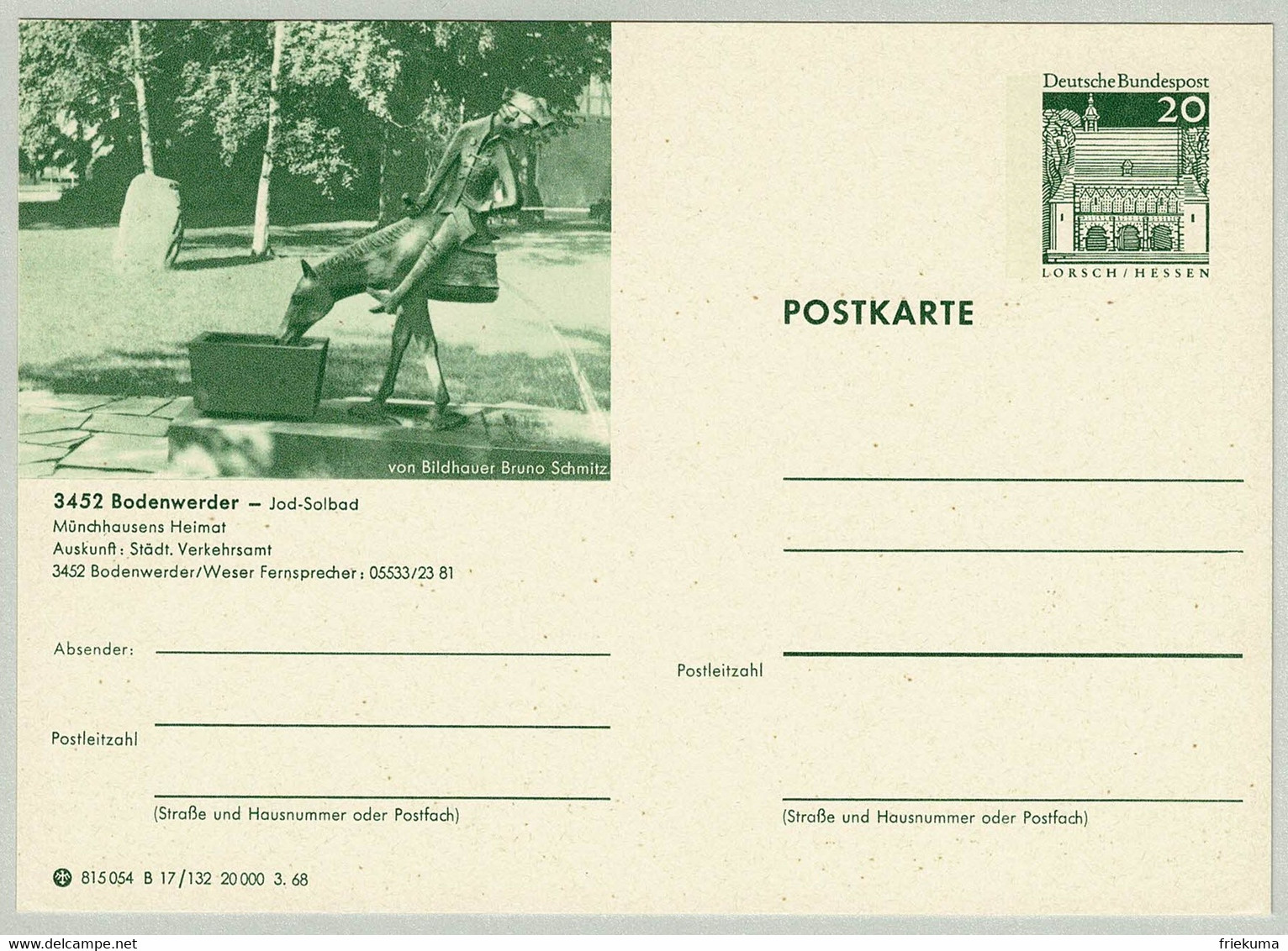 Deutsche Bundespost 1968, Bildpostkarte Badenwerder, Skulptur - Bäderwesen