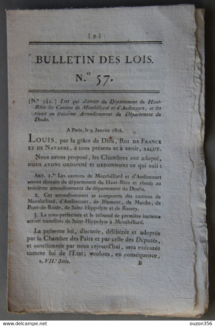 Bulletin Des Lois Du Royaume De France N°57, 7e Série, T.2, 1816, Haut-Rhin, Montbéliard, Doubs - Décrets & Lois