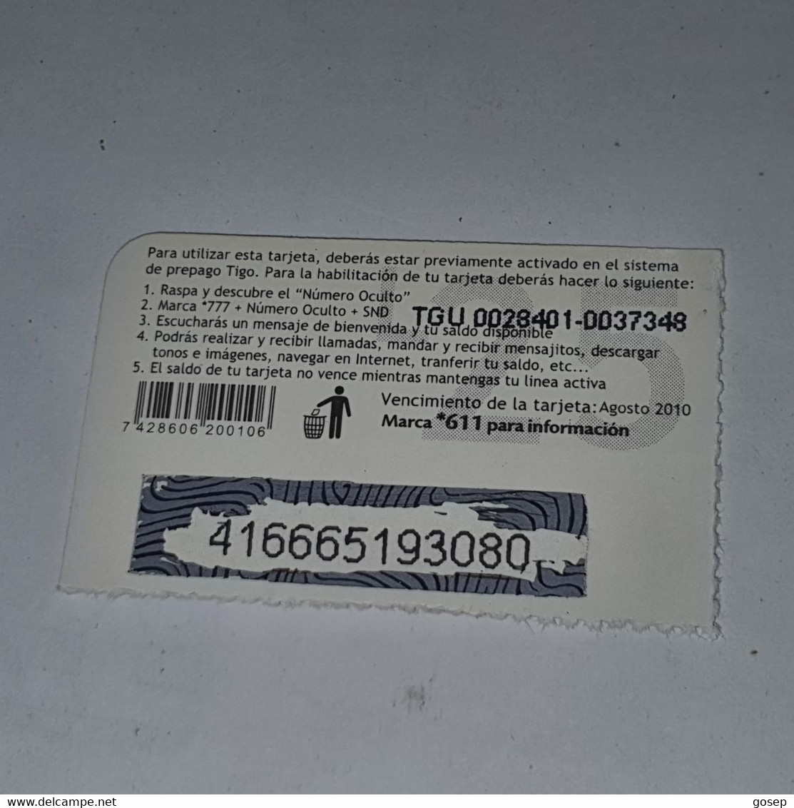 Honduras-(HN-TIG-REF-0026D/2)-con Tigo-(15)-(L25)-(1/8/2010)-(416665193080)-used Card - Honduras