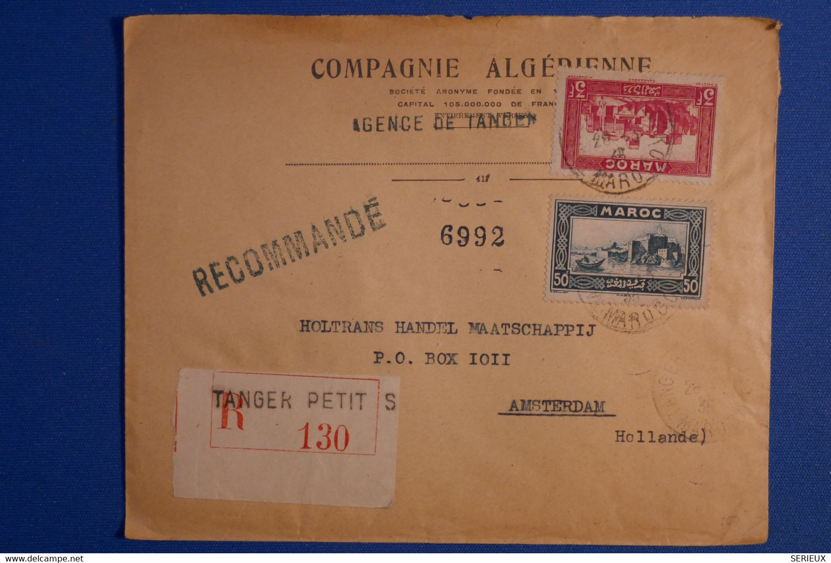 O2 MAROC BELLE LETTRE RECOM. 1935 PAR AVION TANGER POUR AMSTERDAM + AFFRANCHISSEMENT INTERESSANT - Brieven En Documenten