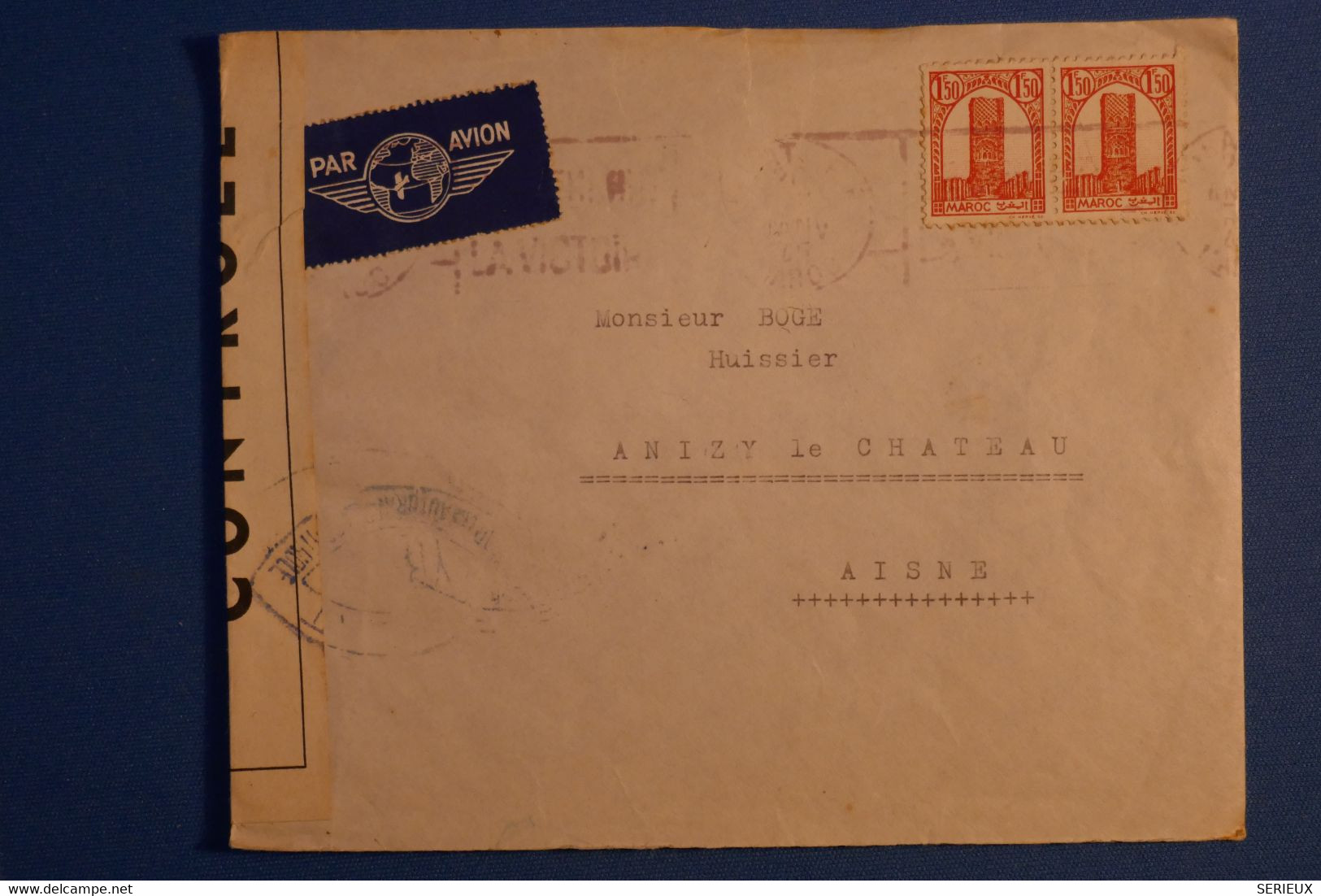 O2 MAROC BELLE LETTRE CENSUREE  1943 PAR AVION TANGER POUR ANISY LE CHATEAU + PAIRE DE T.P+ AFFRANCHISSEMENT INTERESSANT - Cartas & Documentos