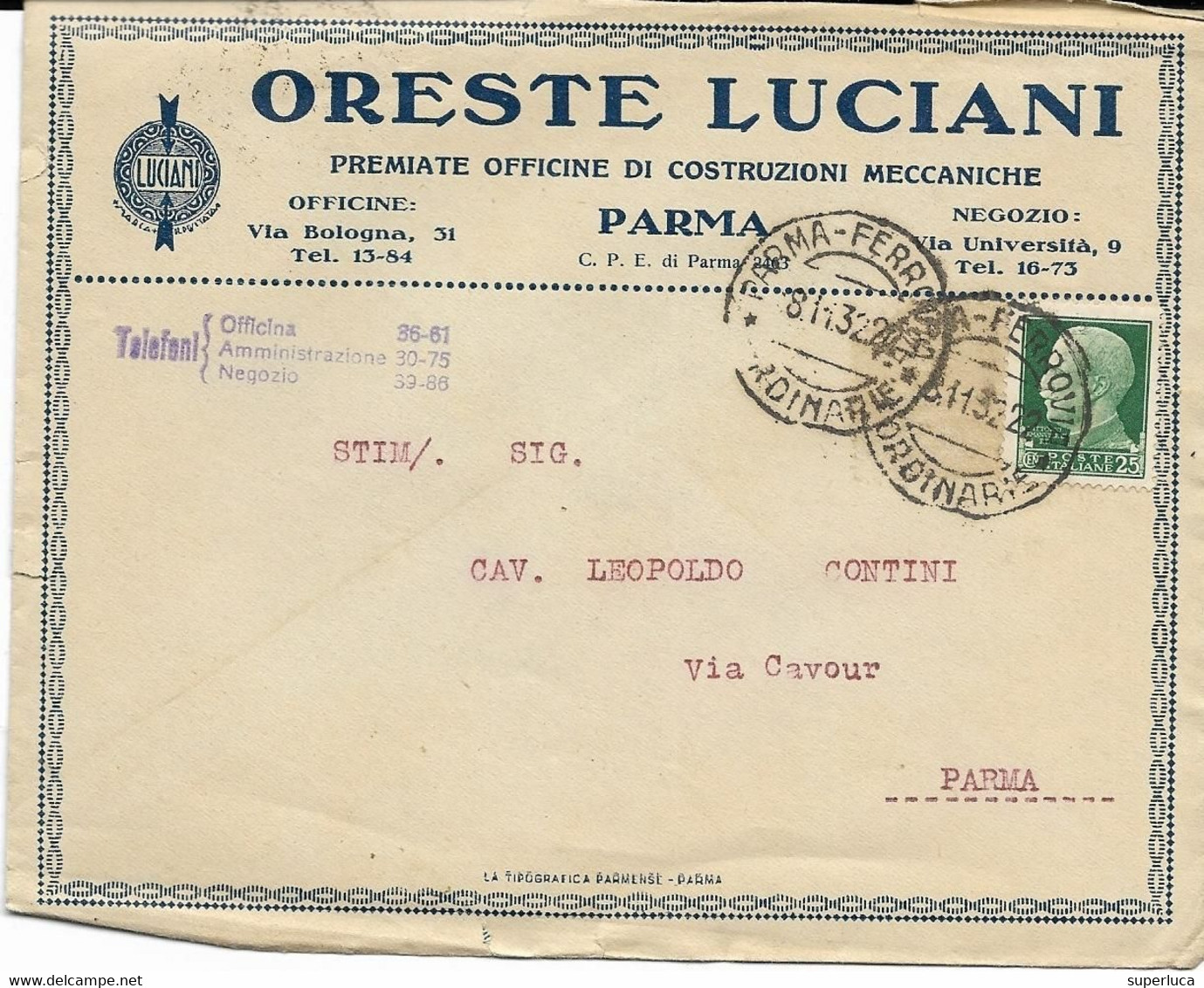 8-PARMA-ORESTE LUCIANI-PREMIATE OFFICINE DI COSTRUZIONI MECCANICHE-BUSTA INTESTATA - Parma