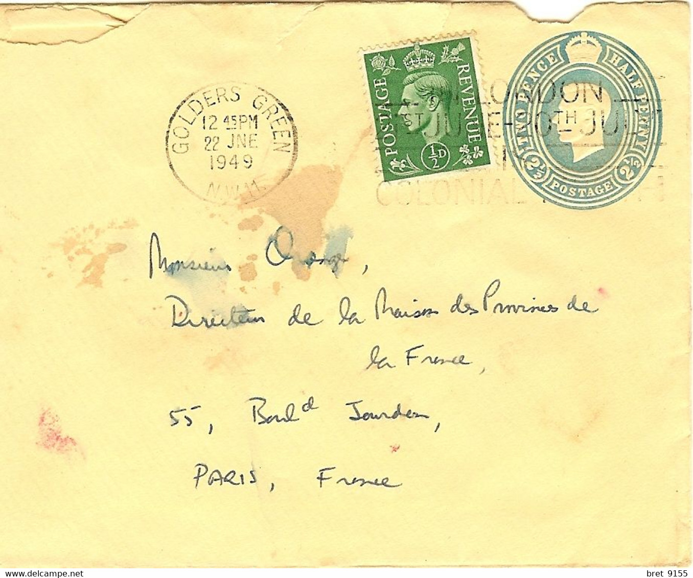 LETTRE GOLDERS GREEN1949 ENTIER + REVENU POSTAGE 1/2 - Postmark Collection