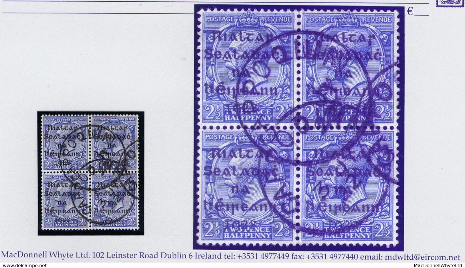 Ireland Waterford 1922 Dollard Rialtas Ovpt In Black On 2½d Blue, Block Of 4 Used Neat CAPPOQUIN 3 JY 22 Cds - Gebraucht