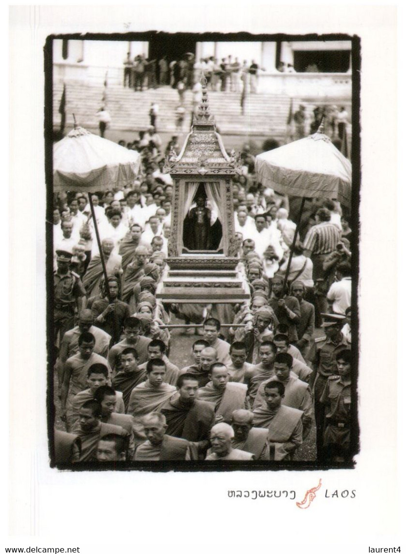 (MM 7) Laos - Black & White (2 Postcards) Religious Procession & Children's - Bouddhisme