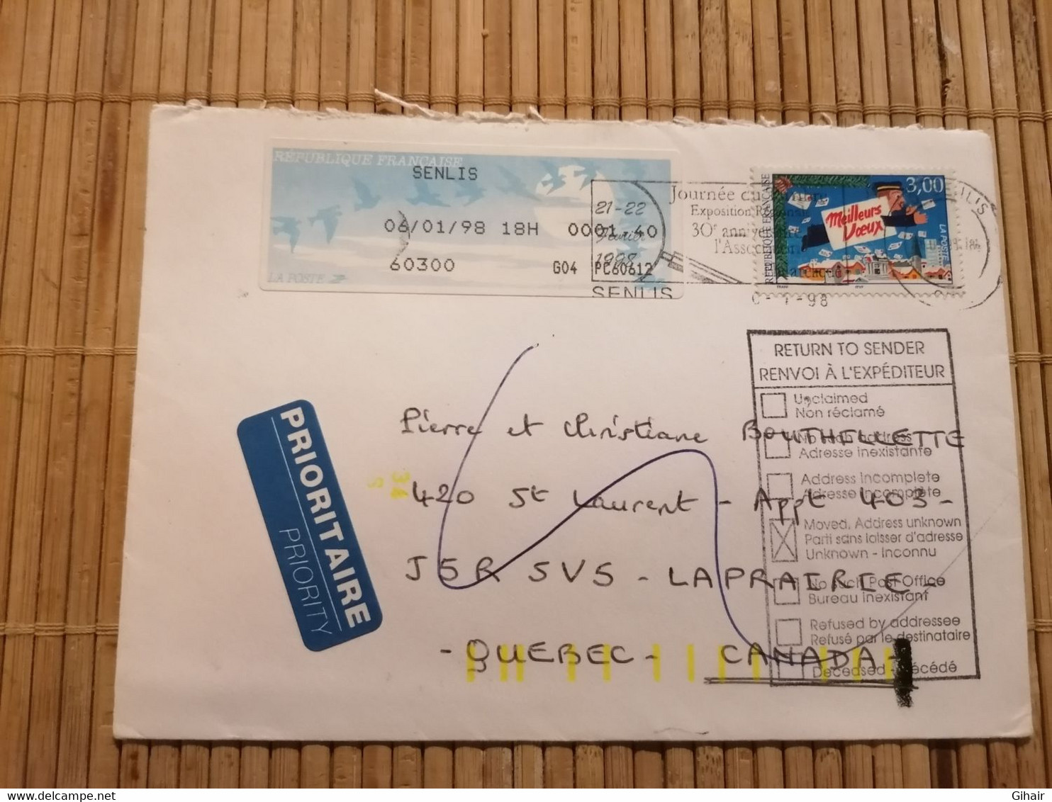 Tampon Return To Sender / Moved, Address Unkown Sur Lettre Française, 06/01/1998 - Altri & Non Classificati