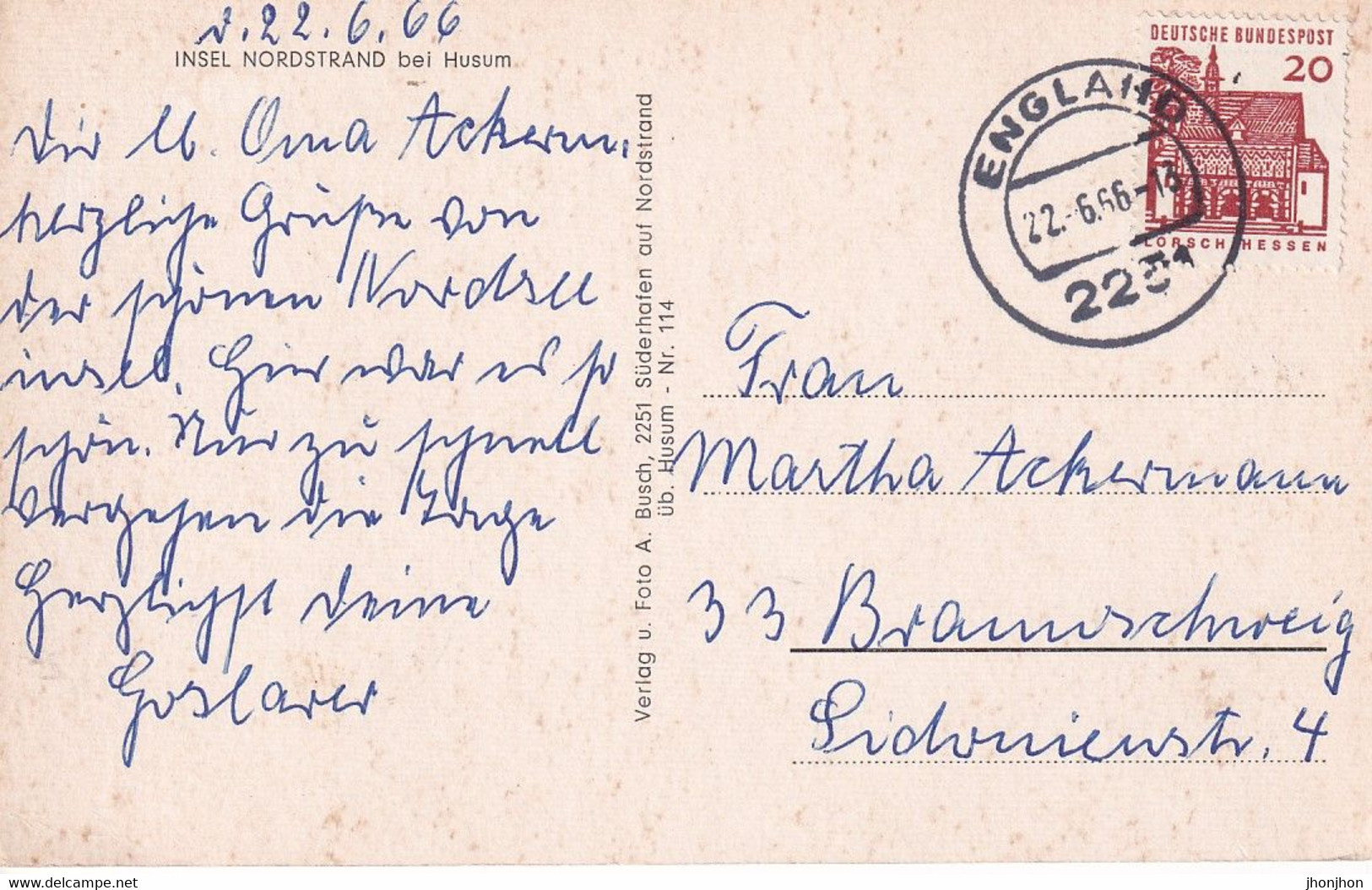Germany -  Postcard Used  1966 -  Nordstrand Island Near Husum   - 2/scans - Husum