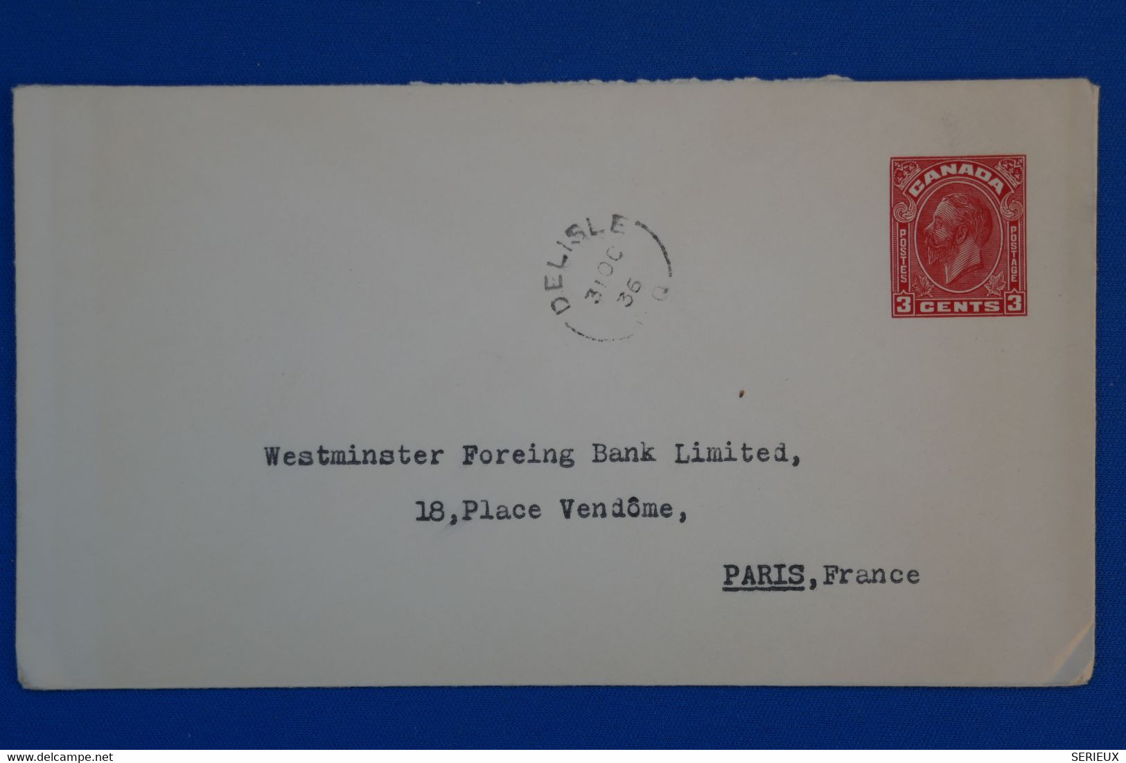 O3 CANADA  TRES BELLE LETTRE 1936 VOYAGEE DELISLE  A PARIS FRANCE + AFFRANCHISSEMENT PLAISANT - Covers & Documents