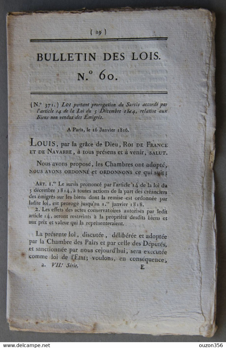 Bulletin Des Lois Du Royaume De France N°60, 7e Série, T.2, 1816, Sursis Biens Non Vendus Des émigrés - Décrets & Lois