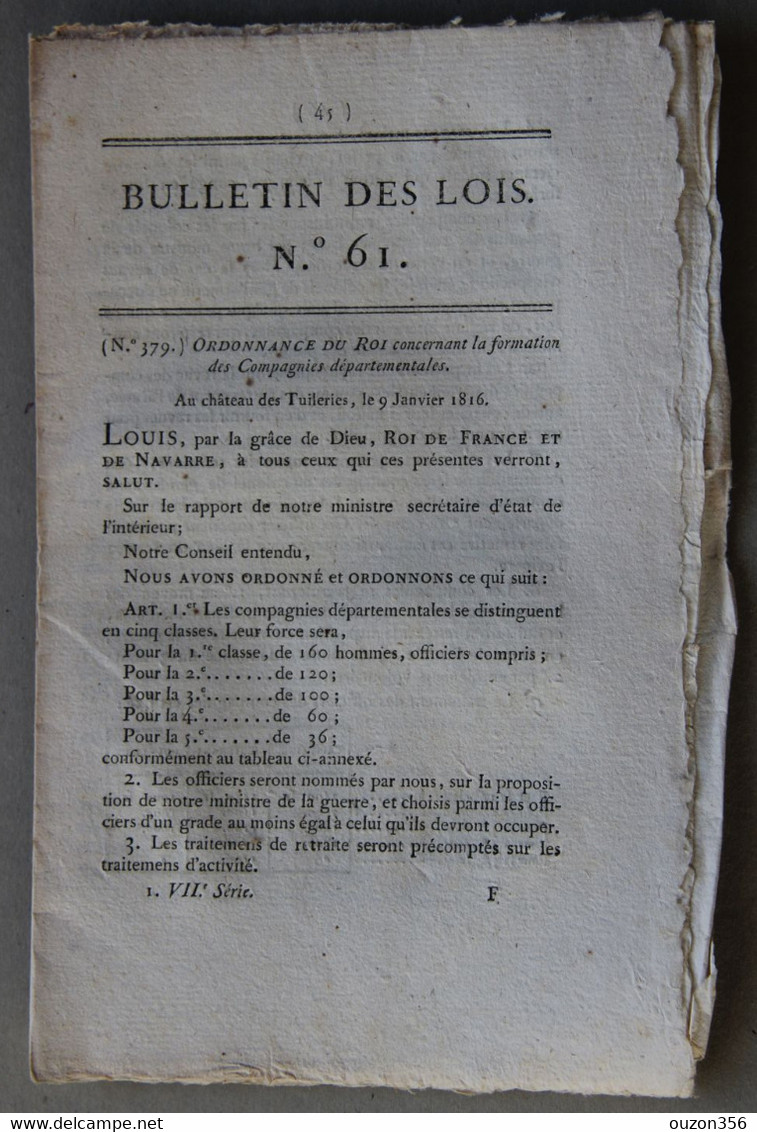 Bulletin Des Lois Du Royaume De France N°61, 7e Série, T.2, 1816, Formation Compagnies Départementales - Décrets & Lois