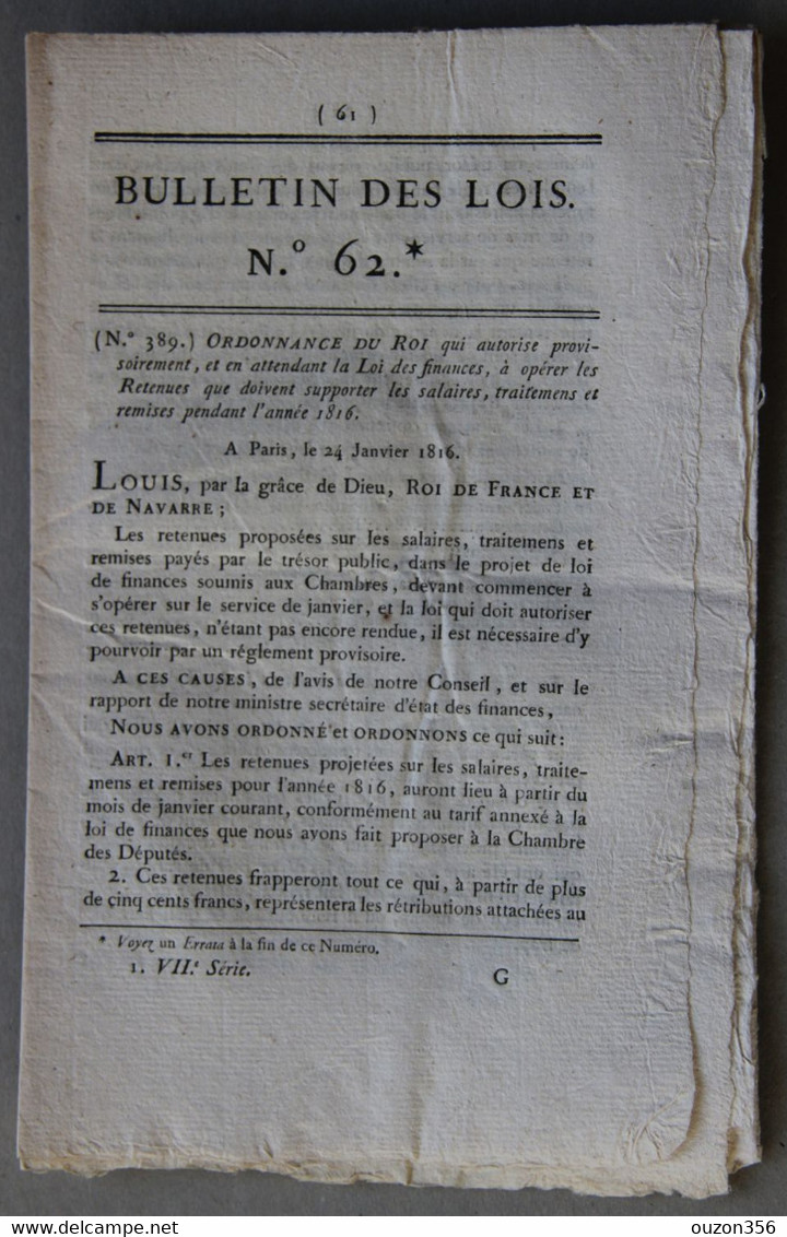 Bulletin Des Lois Du Royaume De France N°62, 7e Série, T.2, 1816, Retenues Salaires, Militaires Invalides - Décrets & Lois