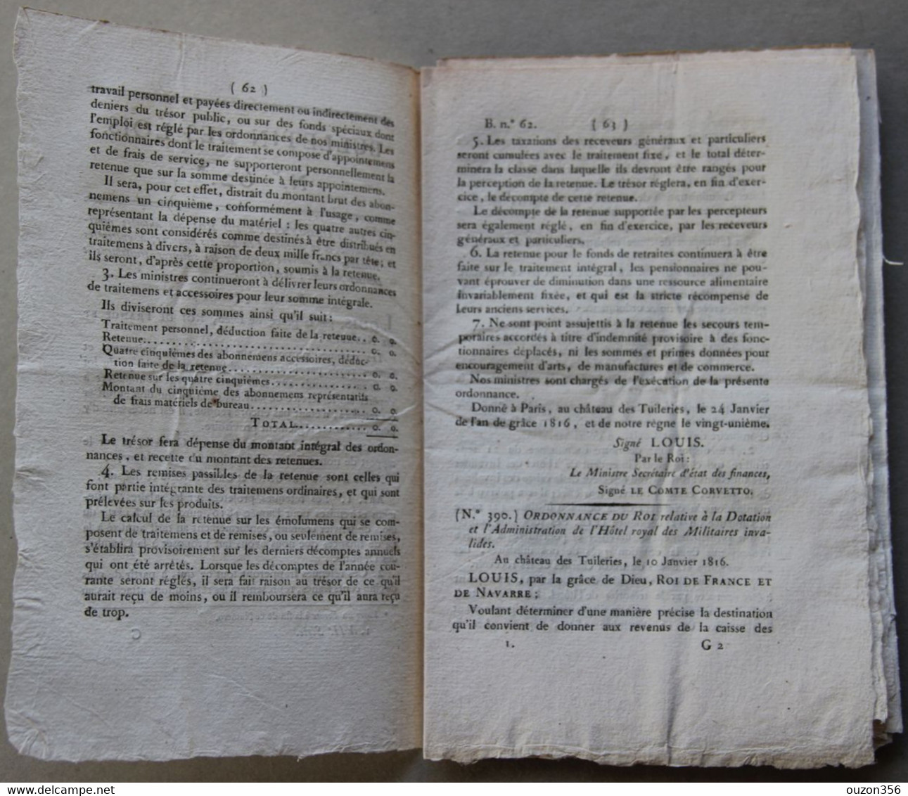 Bulletin Des Lois Du Royaume De France N°62, 7e Série, T.2, 1816, Retenues Salaires, Militaires Invalides - Décrets & Lois