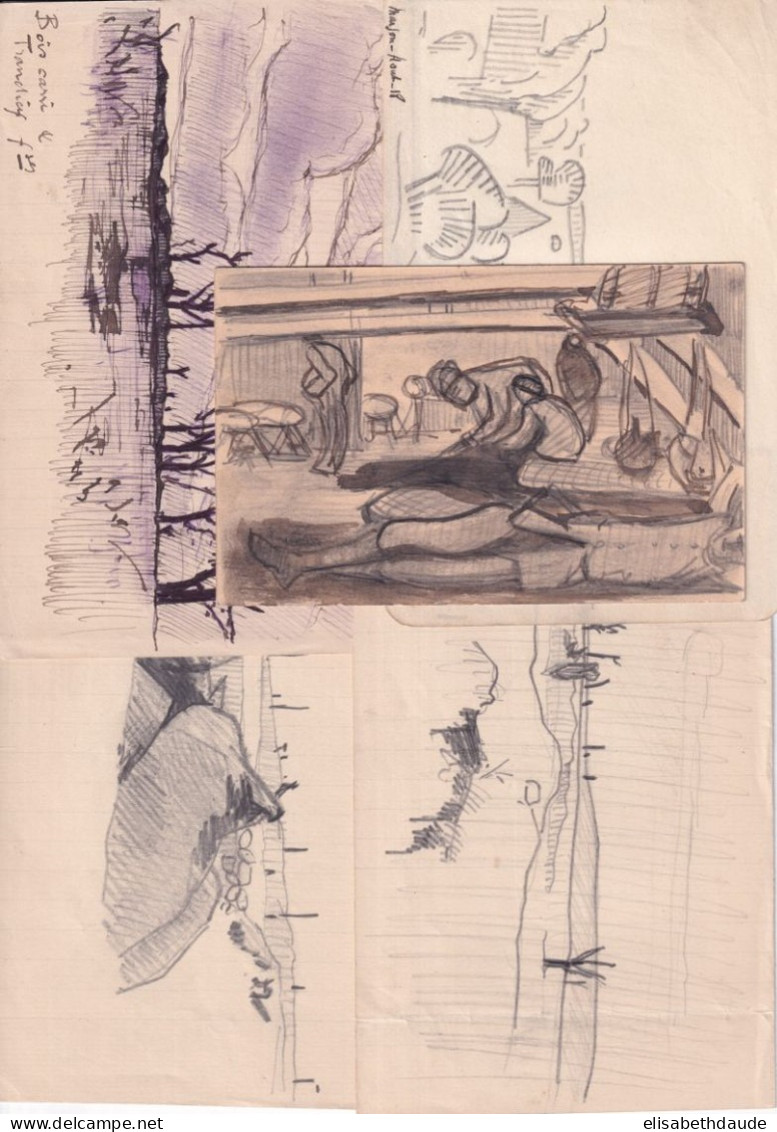 1915/18 - ENSEMBLE De 5 DESSINS ORIGINAUX ! REALISES SUR LE FRONT Par ANDRE CHABERT (MORT EN 1961) - 1914-18