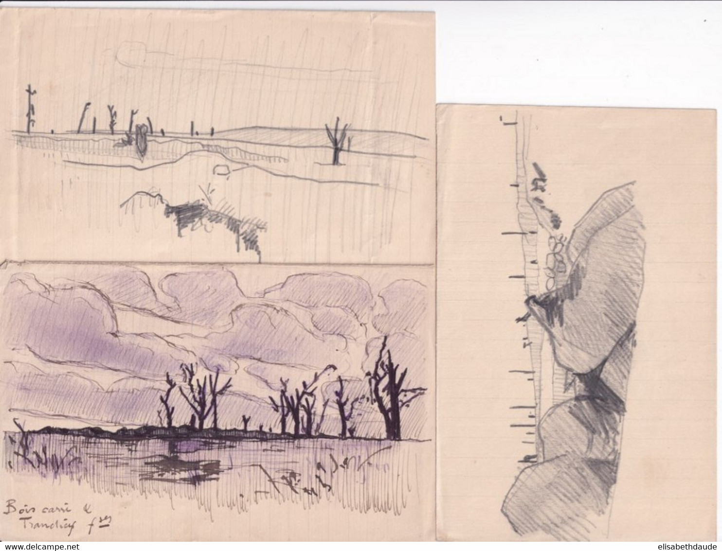 1915/18 - ENSEMBLE De 5 DESSINS ORIGINAUX ! REALISES SUR LE FRONT Par ANDRE CHABERT (MORT EN 1961) - 1914-18