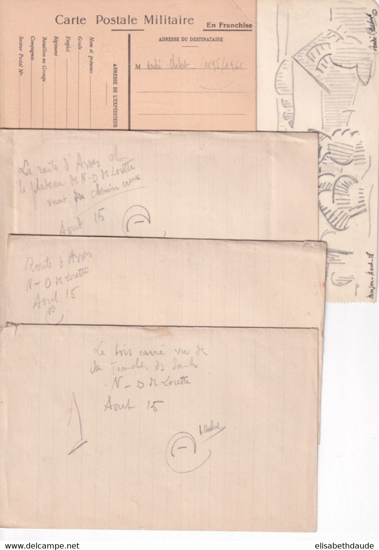 1915/18 - ENSEMBLE De 5 DESSINS ORIGINAUX ! REALISES SUR LE FRONT Par ANDRE CHABERT (MORT EN 1961) - 1914-18