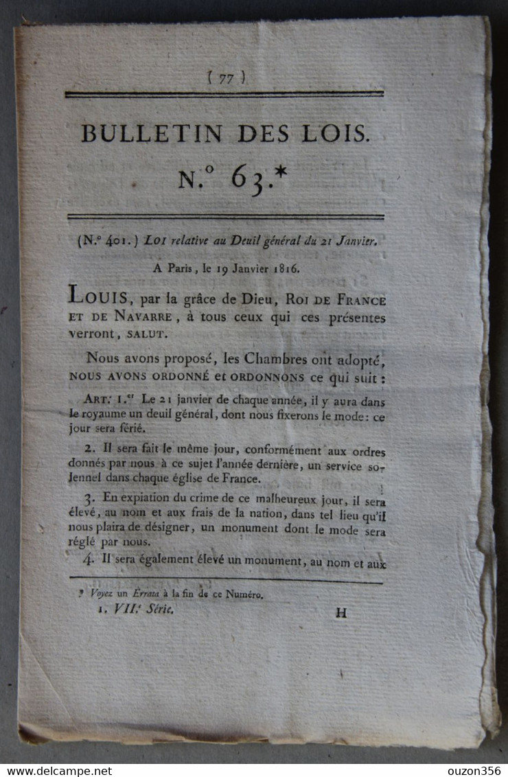 Bulletin Des Lois Du Royaume De France N°63, 7e Série, T.2, 1816, Deuil Général - Décrets & Lois