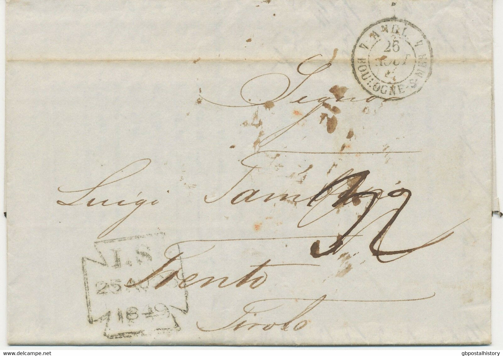 GB 1849 Int. Unfree Stampless VFU Taxed Cover (hw. "32" In Black) TRENTO, TIROLO - Cartas & Documentos