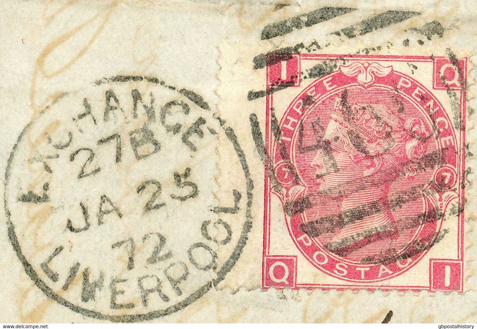 GB 1872 QV 3D Rose Pl.7 (QI) + Pl.8 (HF) VFU Pieces "EXCHANGE / LIVERPOOL / 466" - Gebruikt