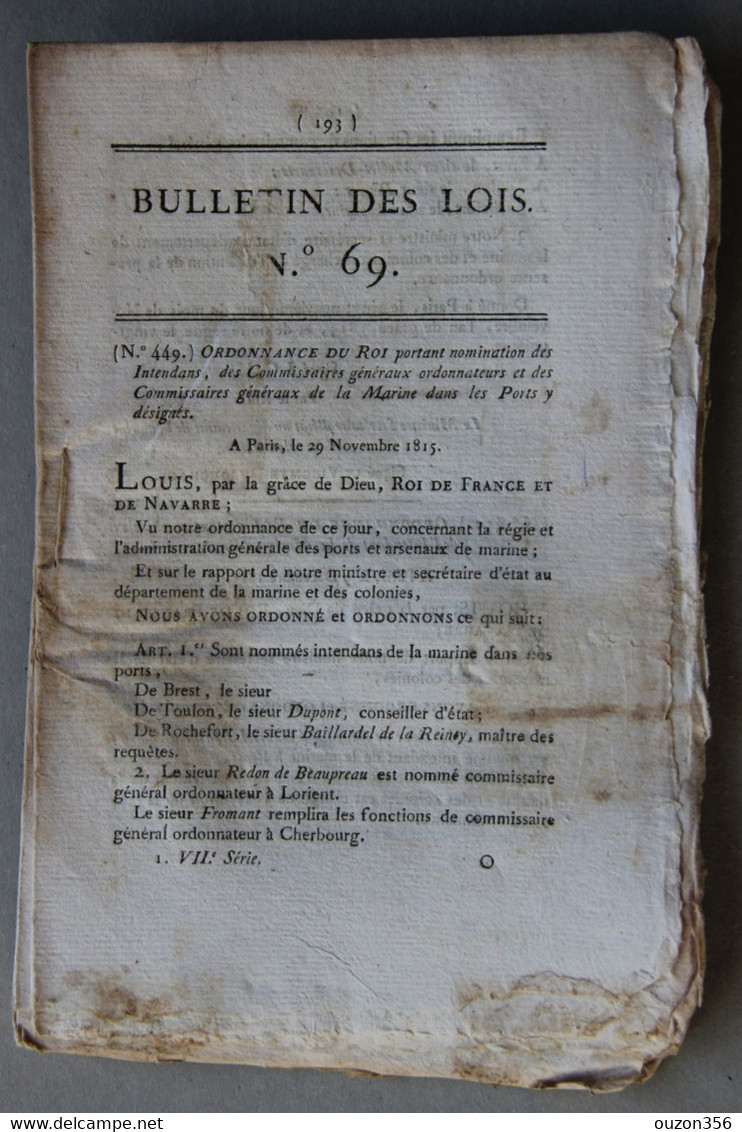 Bulletin Des Lois Du Royaume De France N°69, 7e Série, T.2, 1816, Nomination Commissaires  De La Marine Dans Les Ports - Decreti & Leggi