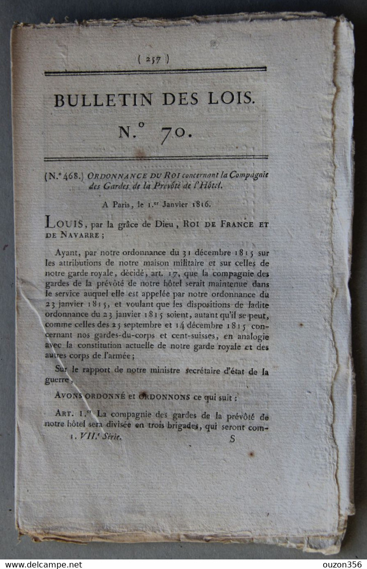Bulletin Des Lois Du Royaume De France N°70, 7e Série, T.2, 1816, Compagnie Des Gardes De La Prévôté De L'Hôtel - Décrets & Lois