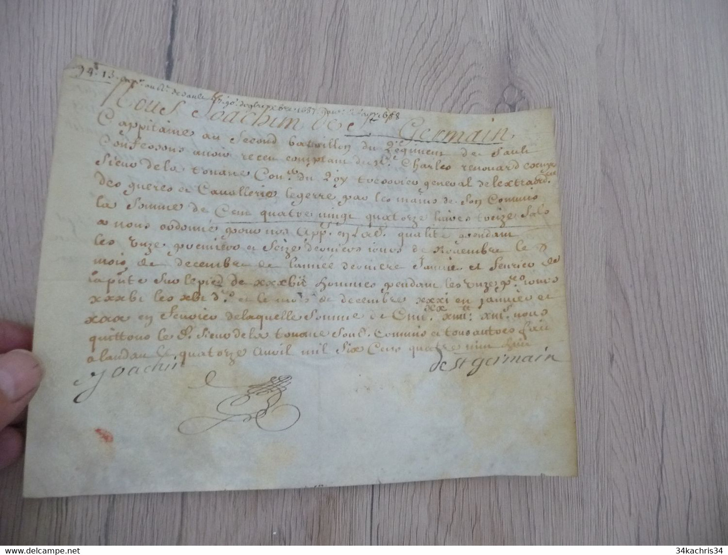 1688 Reçu Signé Capitaine Saint GERMAIN 2ème Bataillon 3 ème Régiment De Sault Landau - Documenten