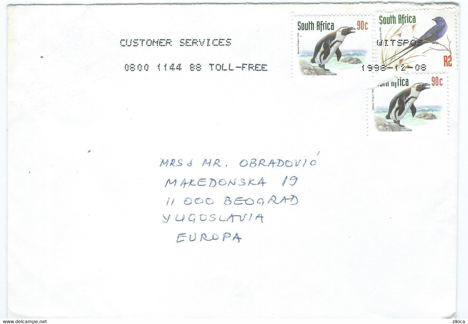 South Africa Letter Via Yugoslavia 1998,nice Stamps Motive Birds - Covers & Documents