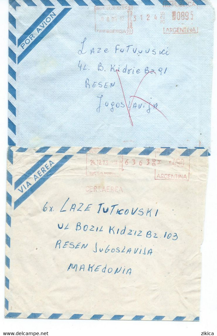 Argentina 1973 - Two  AirMail Letters Via Yugoslavia,Macedonia,red Machine Stamp - Lettres & Documents