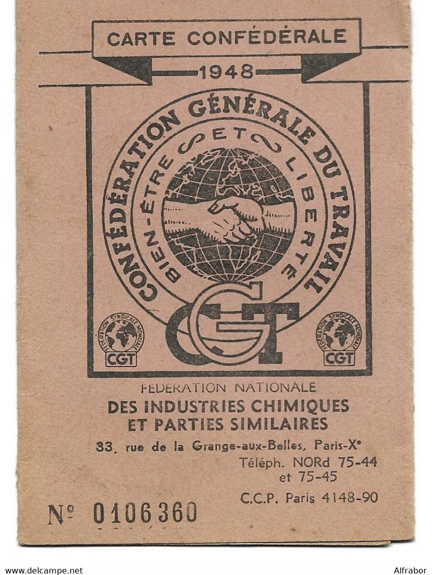 CARTE CONFEDERALE CGT 1948 - Industries Chimiques - Contremaître - Neuvilles-sur -Escaut - Bouchain - Nord - Syndicat - Zonder Classificatie