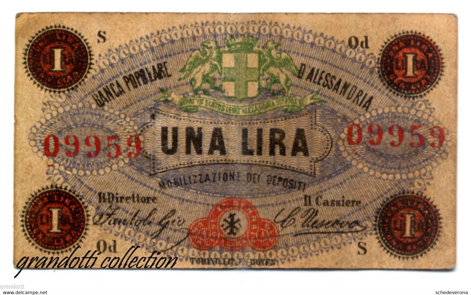 ALESSANDRIA BANCA POPOLARE BIGLIETTO FIDUCIARIO DA UNA LIRA 1866 - [ 4] Provisional Issues