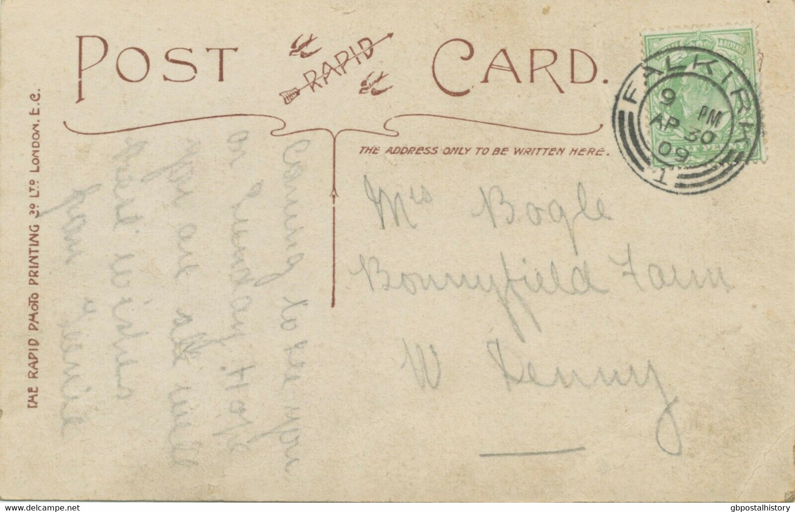 GB SCOTTISH VILLAGE POSTMARKS „FALKIRK / 1“ Superb Strike (24mm, Time Code „9 PM") On VF  RP Postcard (Miss Olive May) - Scozia