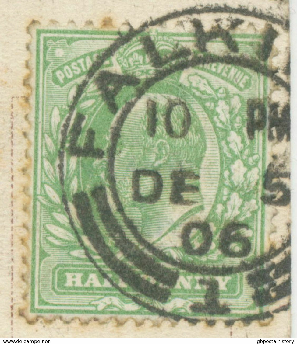 GB SCOTTISH VILLAGE POSTMARKS „FALKIRK / 1“ VF Strike (24mm, Time Code „10 PM") On Superb Goldcolored Pc 1906 - Scotland