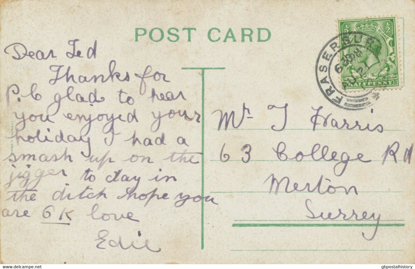 GB SCOTTISH VILLAGE POSTMARKS „FRASERBURGH“ Superb Strike (25mm, Time Code „6 30PM“) Superb Postcard To MERTON, 1913 - Escocia