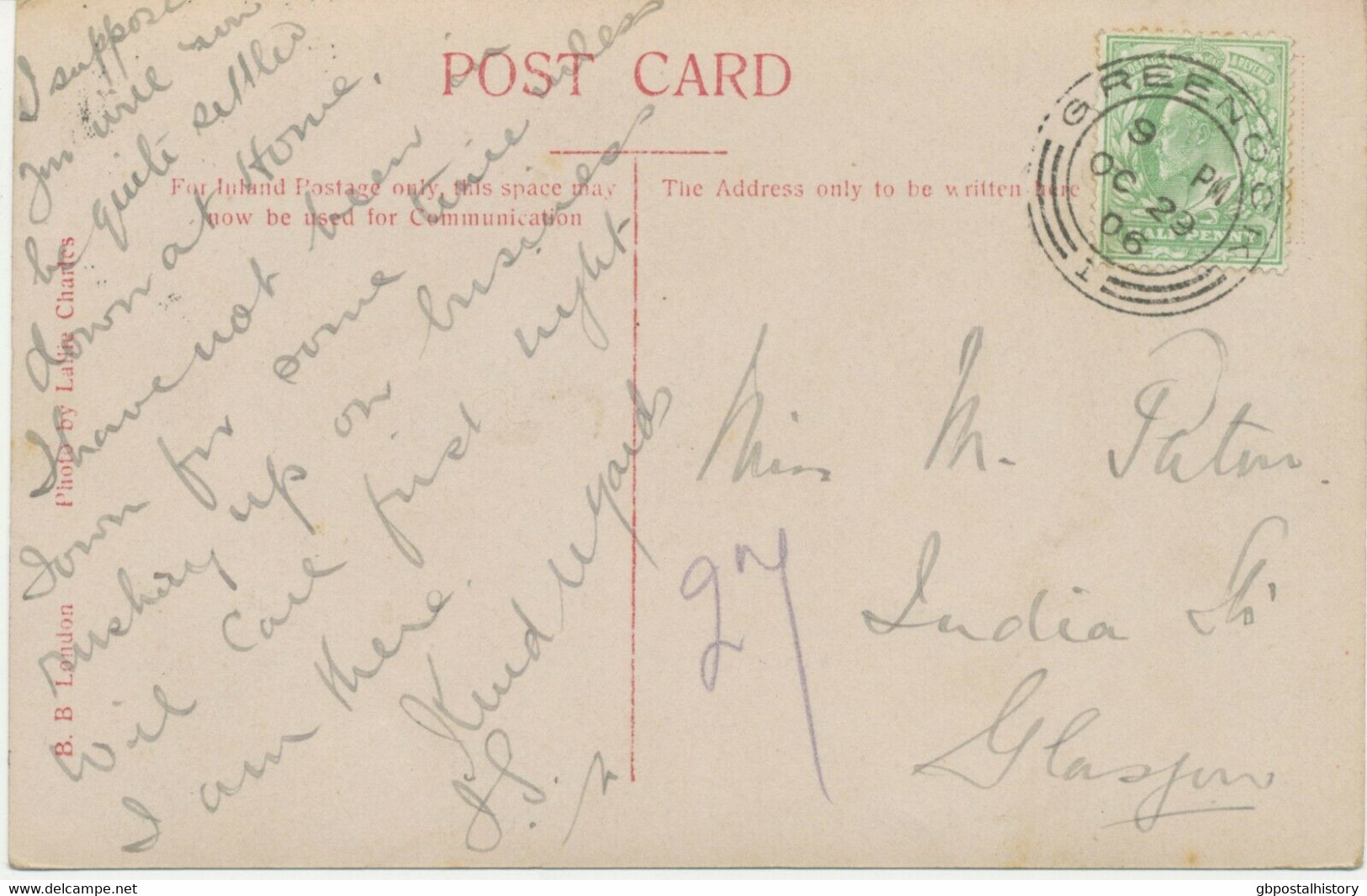 GB SCOTTISH VILLAGE POSTMARKS „GREENOCK / 1“ Superb Strike (26mm, Time Code „9 PM“) On Superb RP Postcard (Kitty Gordon) - Schotland