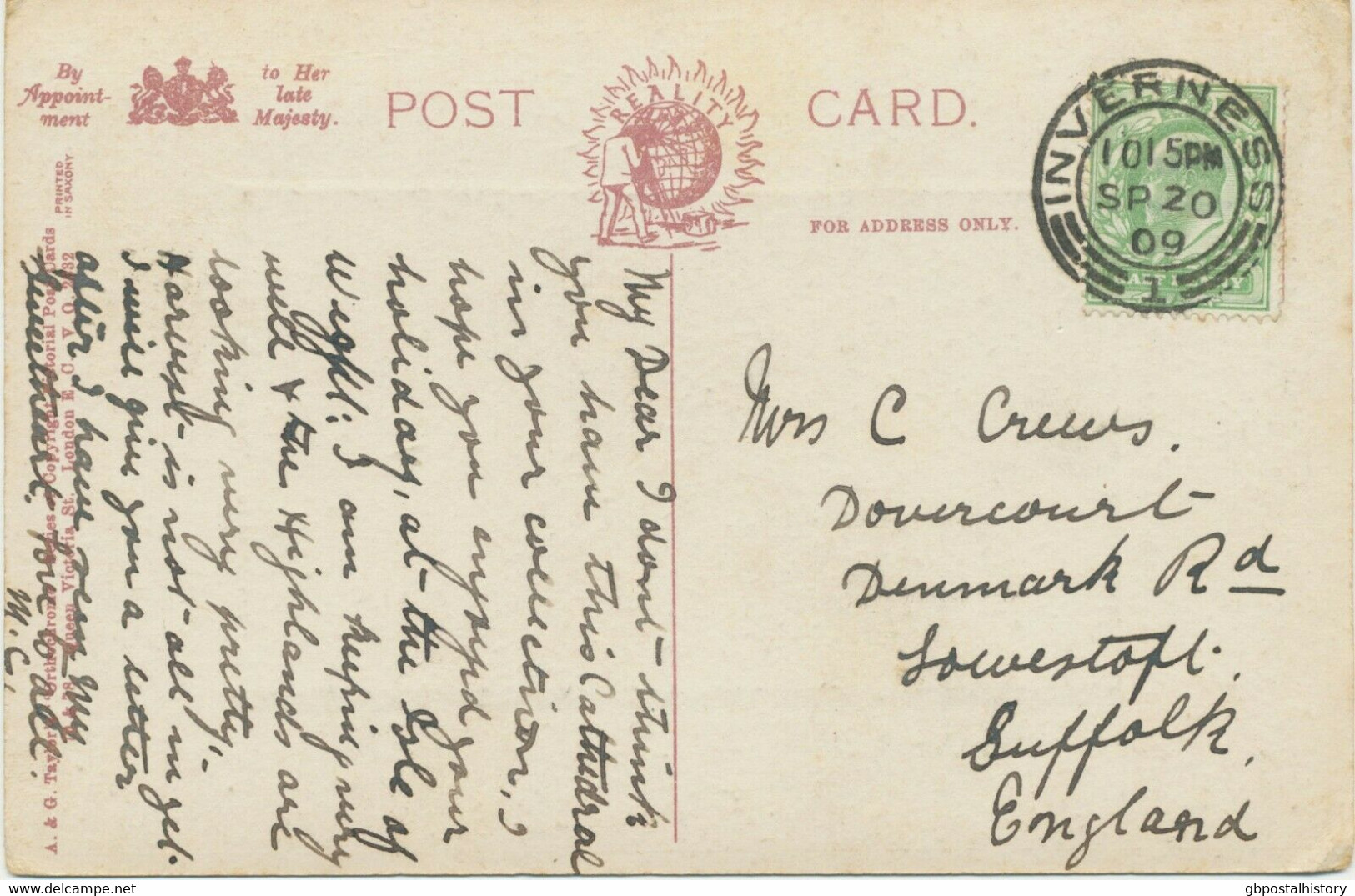 GB SCOTTISH VILLAGE POSTMARKS „INVERNESS / 1“ Superb Strike (25mm, Time Code „105PM“) On Superb Colored Postcard 1909 - Scotland