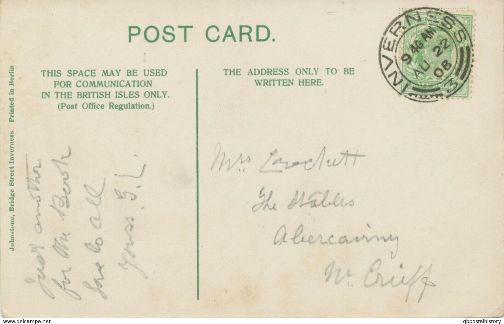 GB SCOTTISH VILLAGE POSTMARKS „INVERNESS / 3“ Superb Strike (26mm, UNCOMMON Time Code „9 40 AM“) On Superb Col Pc 1908 - Scotland