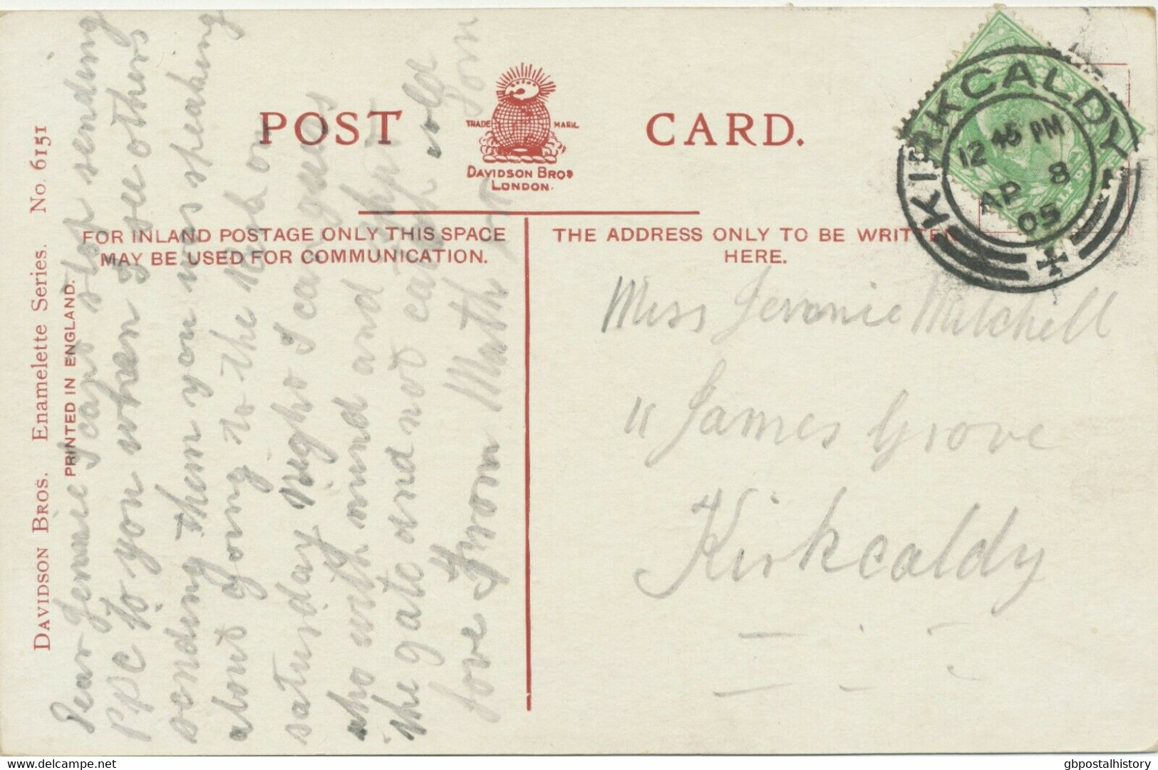 GB SCOTTIS VILLAGE POSTMARKS „KIRKCALDY“ Superb Strike (28mm, Time Code „12 45 PM“) On Superb Vintage Postcard 1905 - Scotland