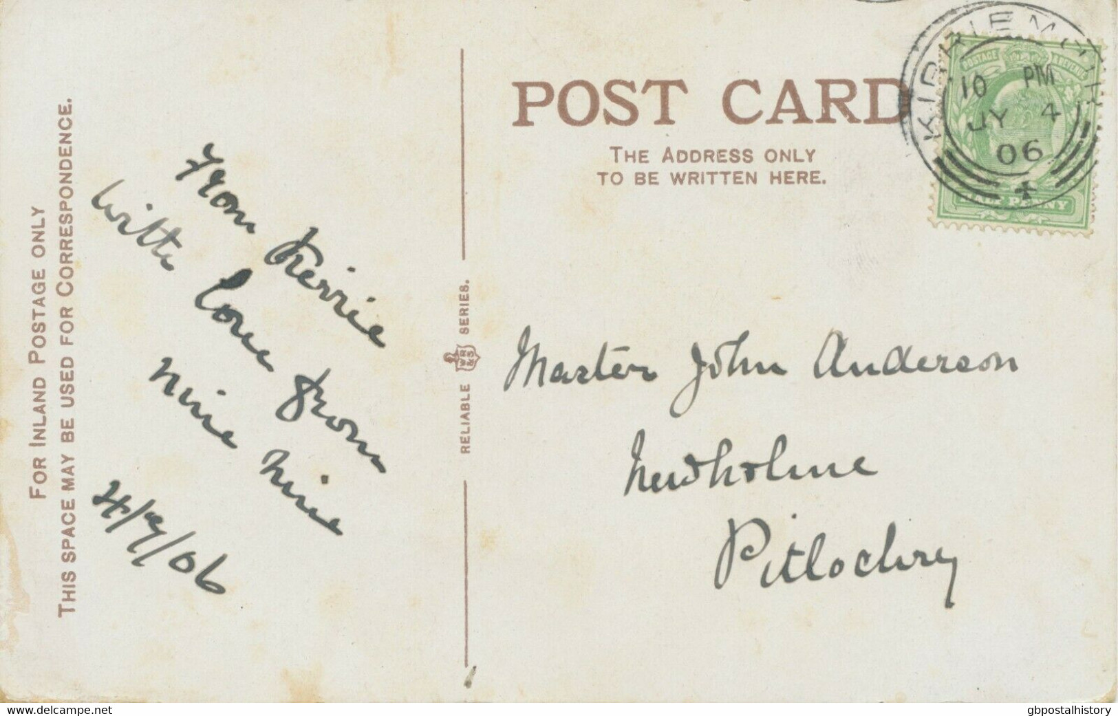 GB SCOTTIS VILLAGE POSTMARKS „KIRRIEMUIR“ Superb Strike (25mm, Time Code „10 PM“) On VF Vintage Postcard (Peep Bo) 1906 - Scotland