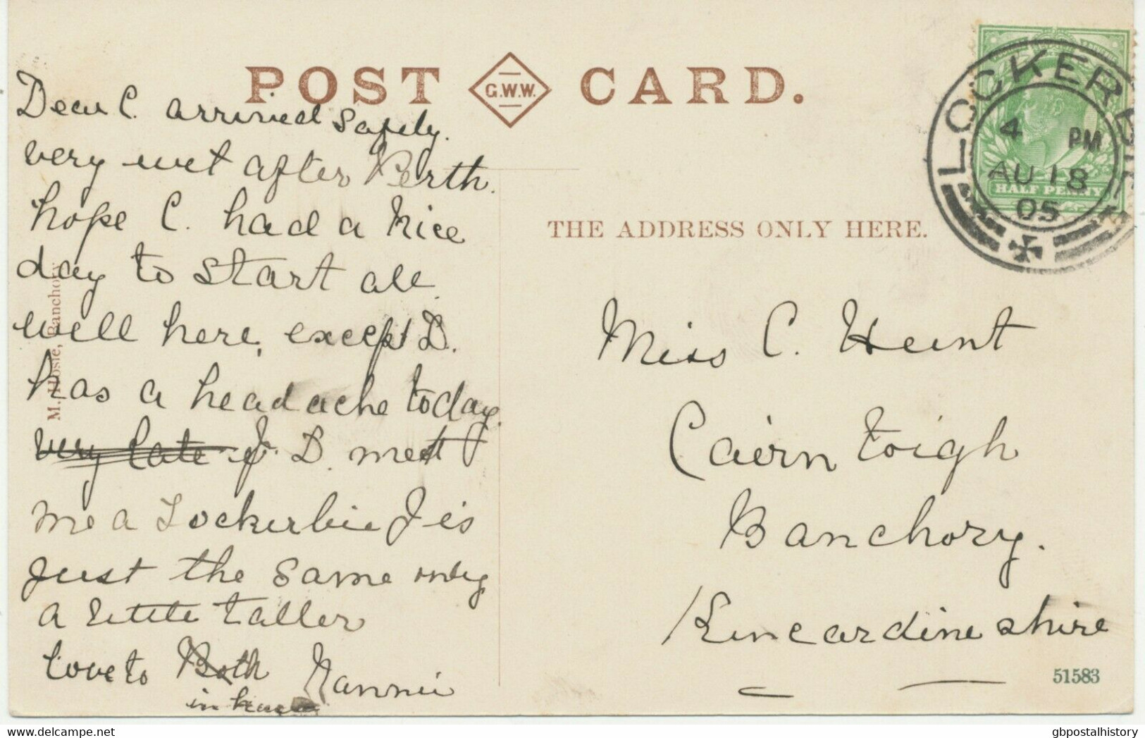 GB SCOTTISH VILLAGE POSTMARKS „LOCKERBIE“ Superb Very Rare Strike (28mm, Time Code „4 PM“) Superb Vintage Postcard 1905 - Schottland